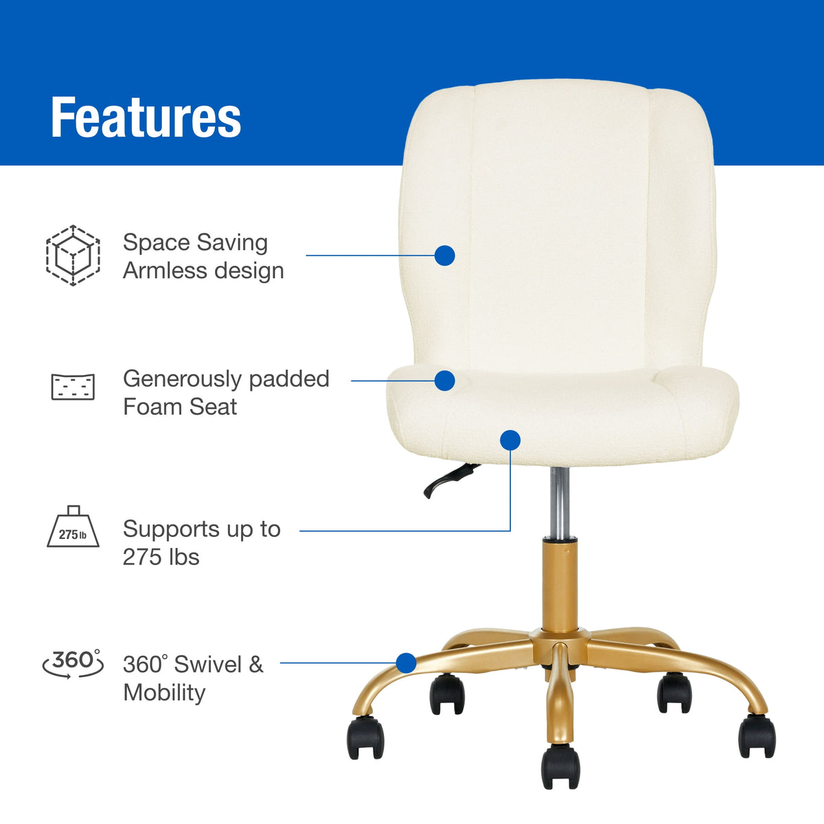 Mainstays Bouclé Armless Office Chair for Adults and Teens, Cream — reference 2