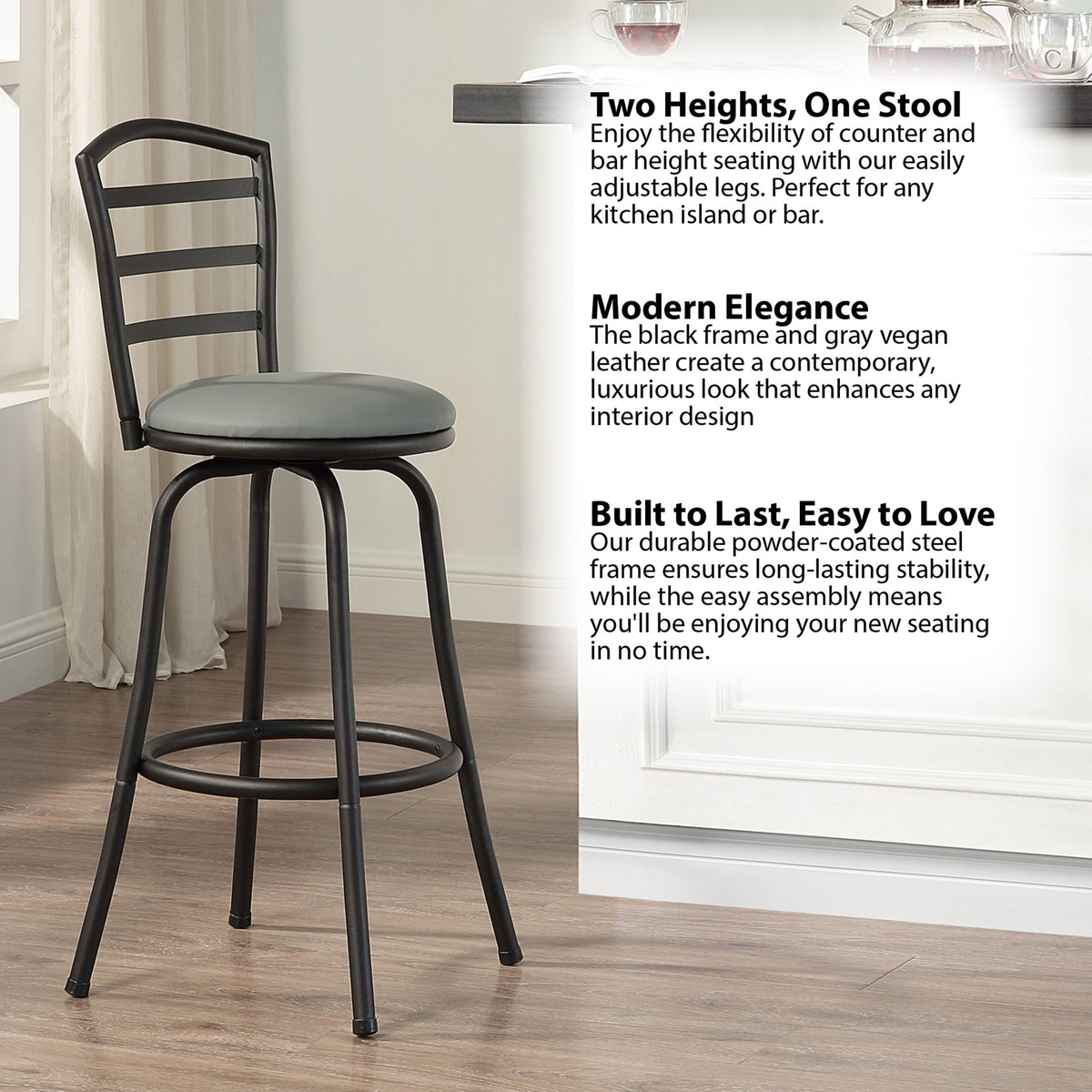 Mainstays 2-Pack Indoor Swivel Bar Stools, Adjustable 24 or 29 in, Dark Gray — reference 3