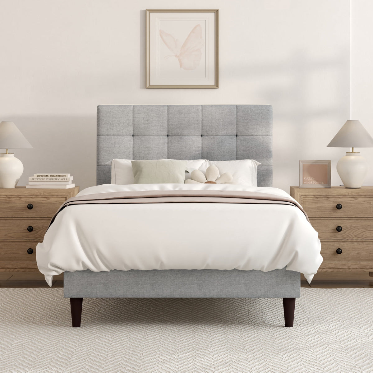 Mainstays Hillside Twin Platform Bed with Square-Tufted Headboard, Light Gray