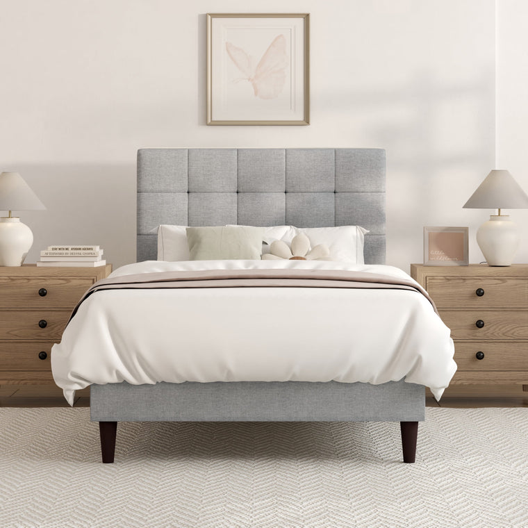 Mainstays Hillside Twin Platform Bed with Square-Tufted Headboard, Light Gray