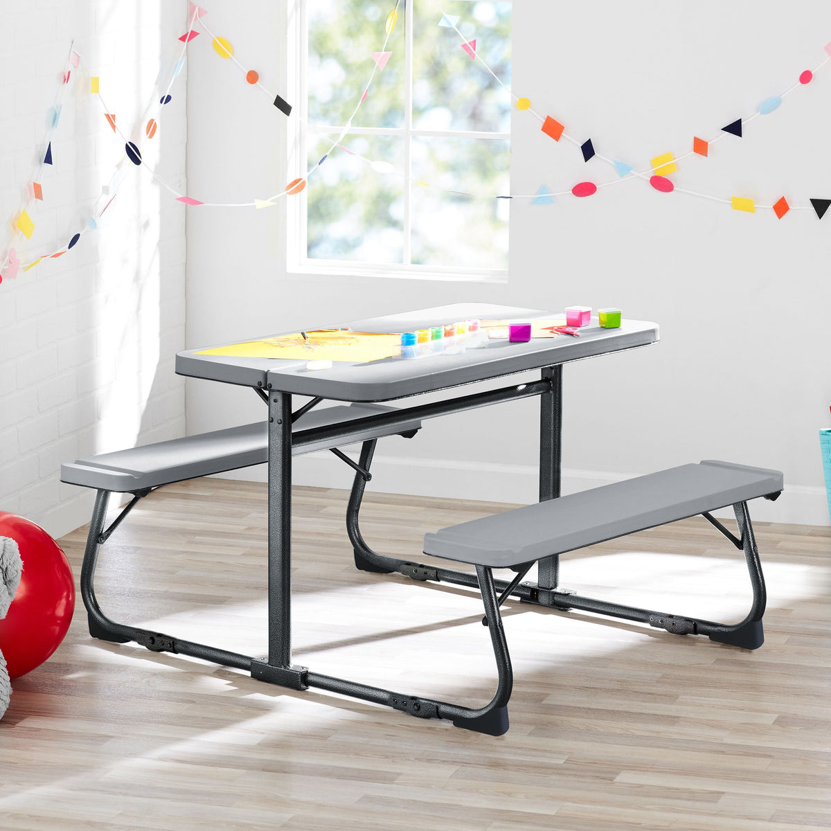 Mainstays Kids Folding Activity Table and Bench Set for Ages 3-8, Gray