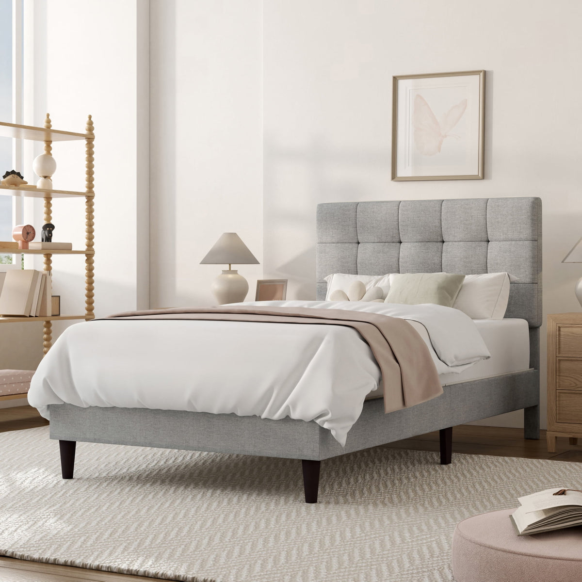 Mainstays Hillside Twin Platform Bed with Square-Tufted Headboard, Light Gray — reference 5
